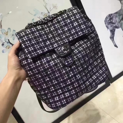 Chanel香奈兒書包帆布黑色配色白色 銀扣大號 Backpack 法國購入正品100% 0距離