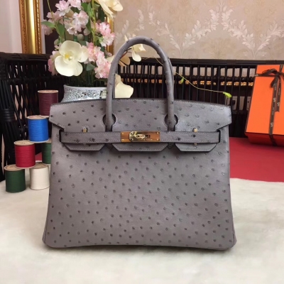 愛馬仕Hermes Birkin 30cm 進口頂級鴕鳥 全手工打造 進口蠟線 原廠五金 【毛鼠灰】金扣每一個環節都力求完美，每一針一線都透著工匠精神！