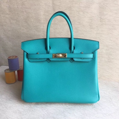 愛馬仕Hermes Birkin25cm 頂級epsom皮全工藝機縫蠟線 細節完美【孔雀藍】