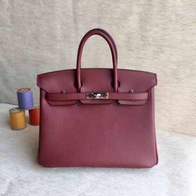 愛馬仕Hermes Birkin25cm 頂級epsom皮全工藝機縫蠟線 細節完美【酒紅】