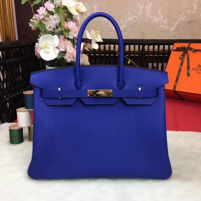 愛馬仕Hermes包包 經典款～【現貨】 BirKin35cm 原廠頂級進口小牛皮 全手工蜜蠟線縫製 老工匠手藝 細節完美無瑕疵 【電光藍】金銀扣