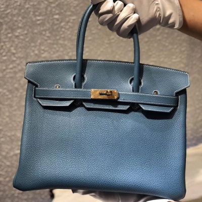 Hermes愛馬仕包包 birkin ck75牛仔藍 TOGO 30cm 金