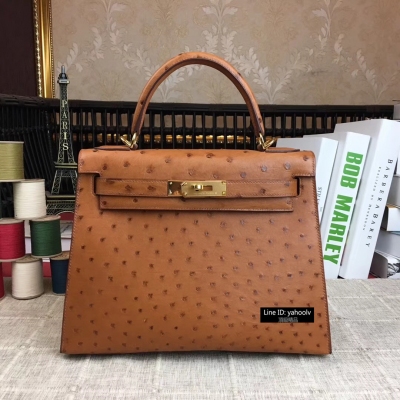 愛馬仕Hermes Kelly 28cm 進口頂級澳洲鴕鳥皮 全手工打造 配進口蠟線 原廠五金 【淺啡】金扣