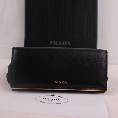 Prada 普拉達女士皮夾 進口牛皮十字紋金邊皮夾 1M1132黑色