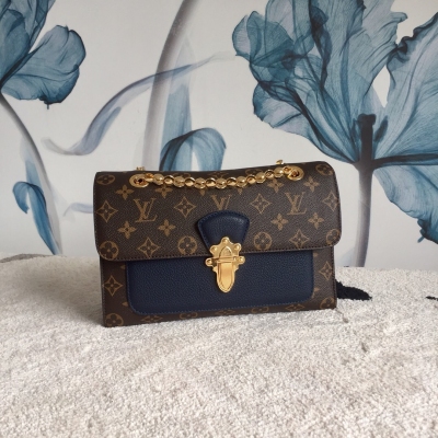 LV路易威登 Louis Vuitton 頂級原單 經典款 VICTOIRE 老花手袋 M41731，訂制老花面料配深藍色進口荔紋小牛皮 26*17*9cm