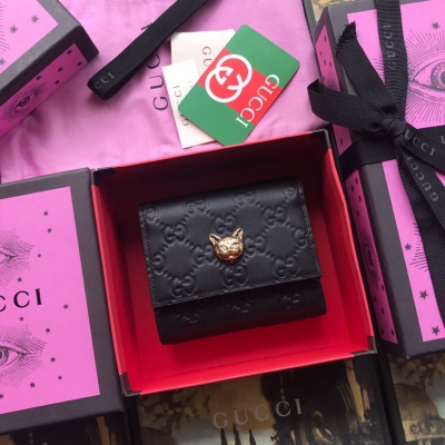 Gucci古馳 高端品質-2019早春新款-Signature系列貓頭五金翻蓋錢夾-採用義大利小牛皮壓印製作~點綴別致圖案-飾以金屬風水晶眼睛貓頭-初露峰嶸～煥發新意-潮流時尚~~型號：548050寸：w12.5×h10