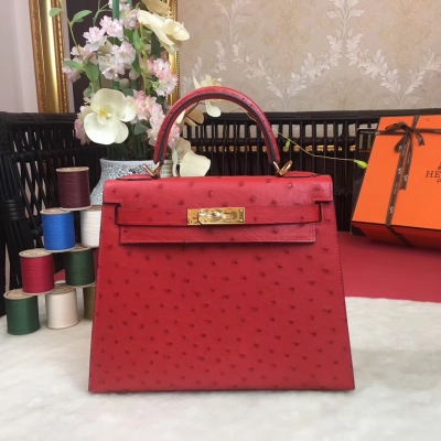 愛馬仕Hermes Kelly 28cm 進口頂級鴕鳥 全手工打造 進口蠟線 原廠五金 【大紅】金扣每一個環節都力求完美，每一針一線都透著工匠精神！