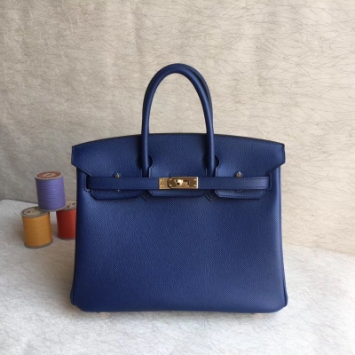 愛馬仕Hermes Birkin25cm 頂級epsom皮全工藝機縫蠟線 細節完美【寶藍】