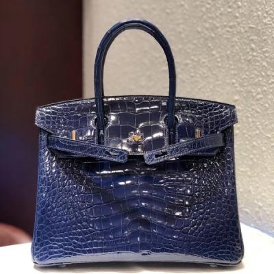 Hermes愛馬仕包包 birkin ck73寶石藍 美洲鱷 亮面 30cm 金