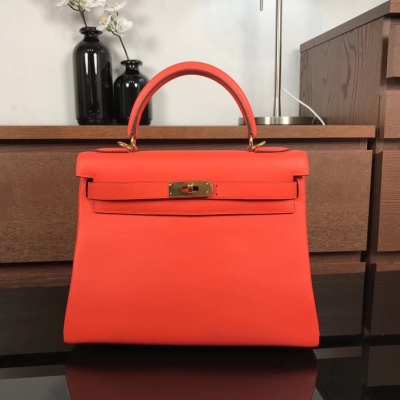 Hermes愛馬仕 Kelly 28cm 永恆的經典 swift 摸起來手感細膩光滑 93 Orange 金扣