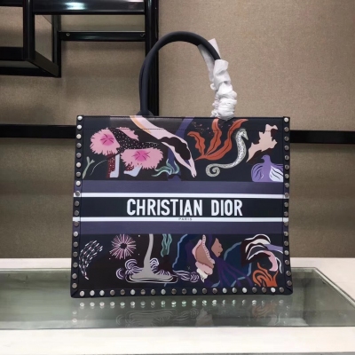 迪奧Dior Book Tote絲絨小牛皮細工鑲嵌“風”元素圖案手提包，飾以鉚釘，點綴手繪細節，肩背與手提兩用，尺寸：41.5*32*5