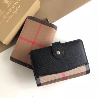 Burberry巴寶莉英國精紡 House 格紋拼皮革錢夾，尺寸15cm*10cm*3cm