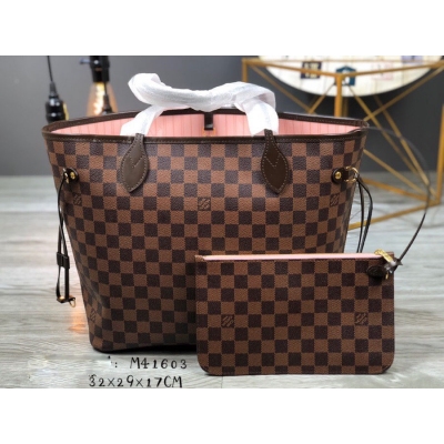 LV LOUIS VUITTON路易威登 頂級原單 經典啡格中號購物袋 N41603啡粉 全鋼五金 極具傳奇色彩的 Neverfull 手袋， 此款是以 Damier Ebène 帆布製成。尺寸: 32.0x 29×17