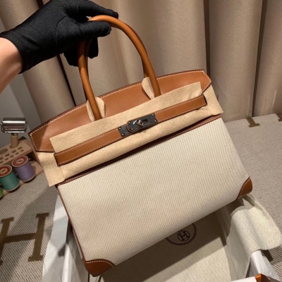 HERMES愛馬仕 Birkin 30cm 馬鞍皮拼帆布 34原木色 銀扣