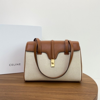 Celine SOFT 16 小號 進口小牛皮 定制麻布原料 牛皮 襯裡: 麻布織物 金色金屬件 肩背 旋轉鎖扣開合 內側扁平口袋 2個內部隔層 雙皮革手挽長1（30釐米） 尺寸：32 X 24 X 15cm