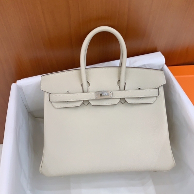 Hermes愛馬仕 Togo奶昔白 Birkin BK 鉑金包 25cm 銀扣