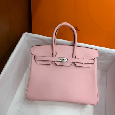 Hermes愛馬仕 swift 櫻花粉 铂金包 Birkin BK25 銀扣